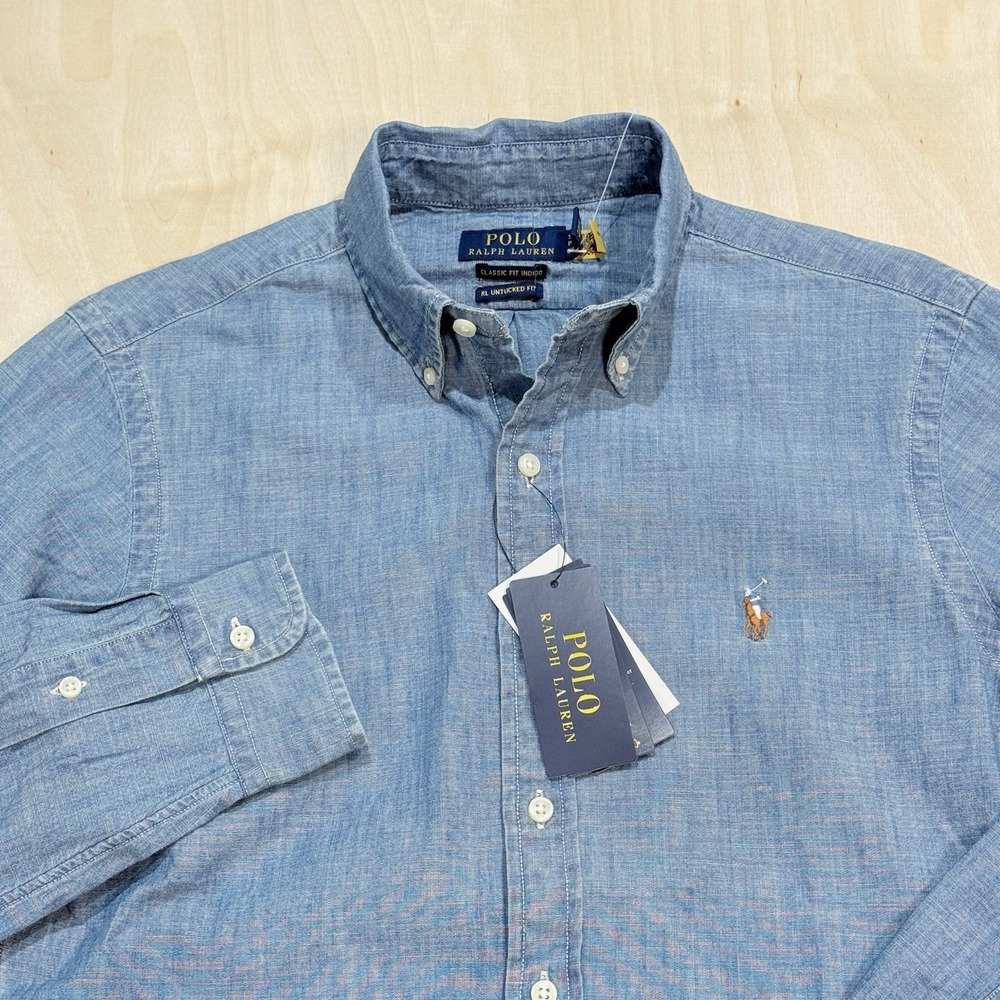 Polo Ralph Lauren Classic Fit Indigo Chambray Long Sleeve Blue Mens Small NWT